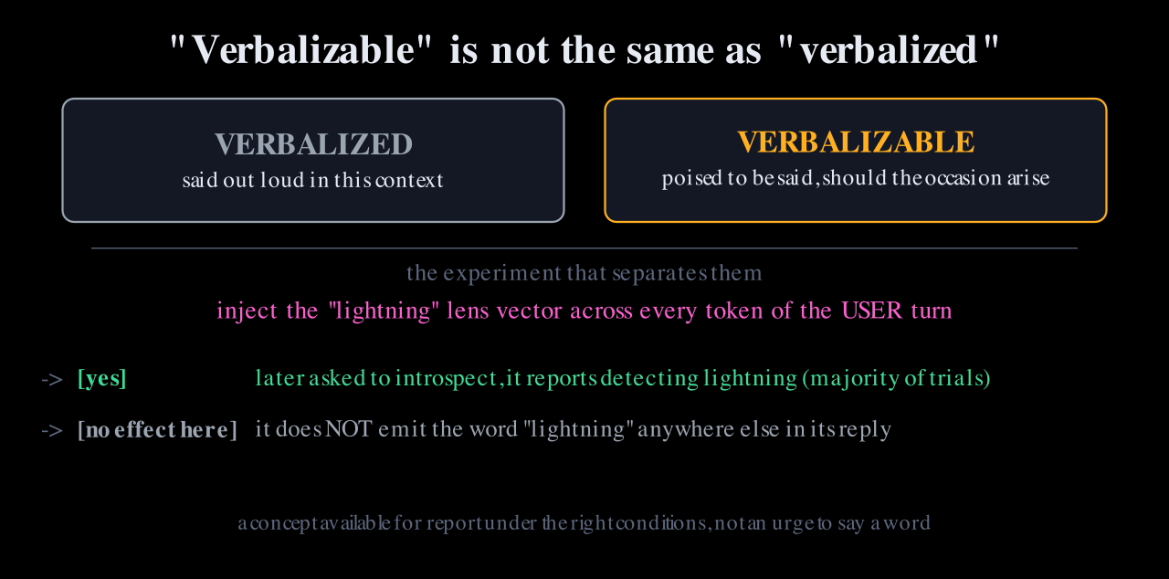 A two-column definition contrasting verbalized, said out loud in this context, with verbalizable, poised to be said should the occasion arise, above a transcript showing the lightning vector injected on the user turn.
