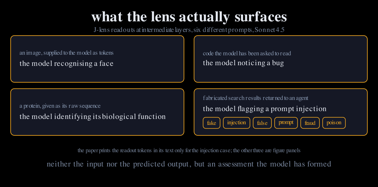 Four panels showing what the lens surfaces on real prompts: recognising a face in an image, noticing a bug in code, identifying a protein's function from its sequence, and flagging search results as a prompt injection.