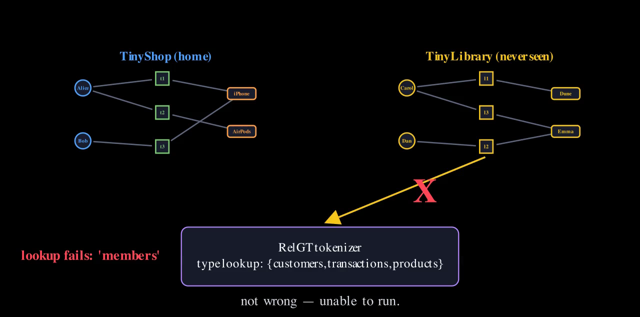 TinyShop's graph beside TinyLibrary's, with an arrow into a RelGT tokenizer box whose type lookup has only three entries; a red X marks lookup failure on 'members'.